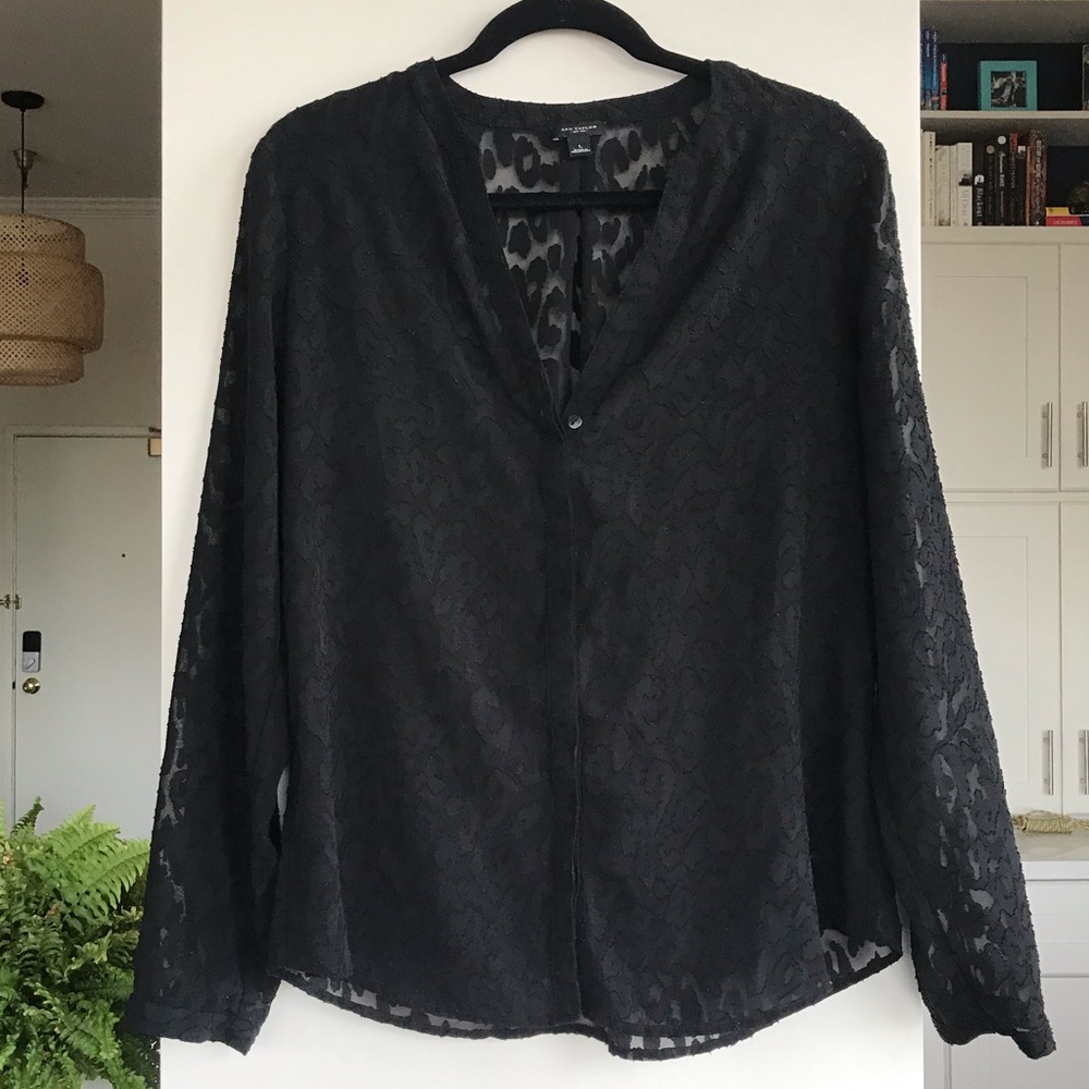 ANN TAYLOR Sheer Black Animal Print Blouse